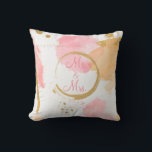 Gold Peach Floral Watercolor Abstract Script Throw Pillow<br><div class="desc">Beautiful peach and gold modern abstract design that is set off with Mr. & Mrs. script.</div>