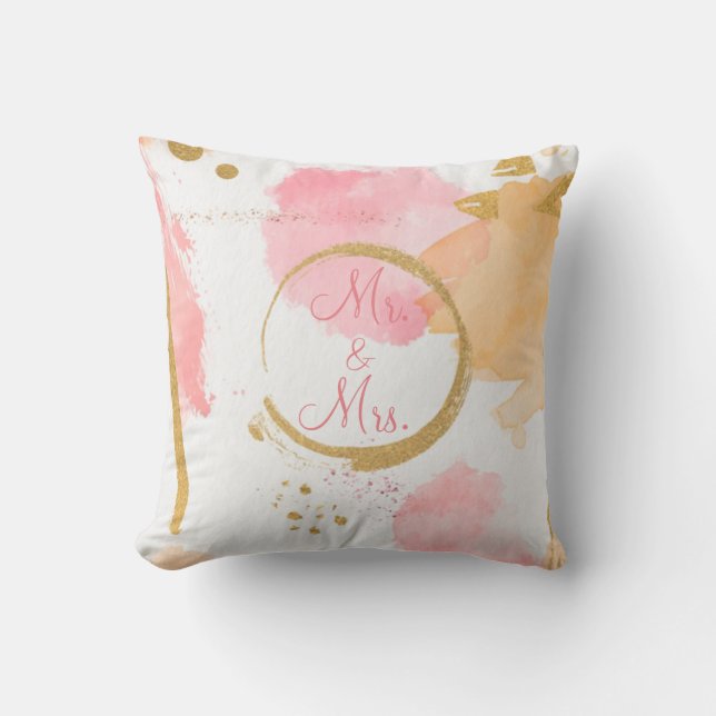 Gold Peach Floral Watercolor Abstract Script Throw Pillow (Front)