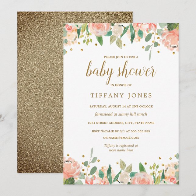Gold Peach Floral Watercolor Baby Shower Invite (Front/Back)