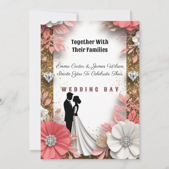 💍 Gold Peach Floral Wedding On Spring Background  Invitation (Front)