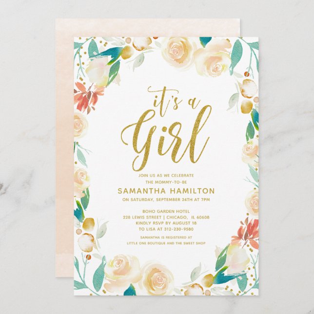 Gold Peach Floral Wreath Girl Baby Shower Invitation (Front/Back)