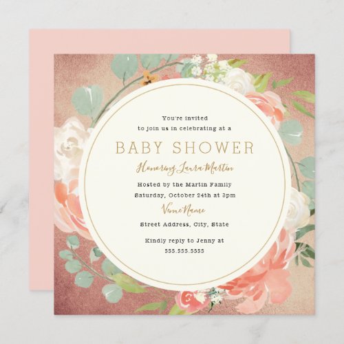 Gold Peach Flower Wreath Floral Baby Shower Invitation