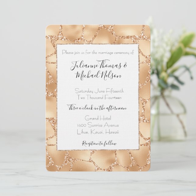 Gold Peach Glitzy Giraffe Print Wedding   Invitation (Standing Front)