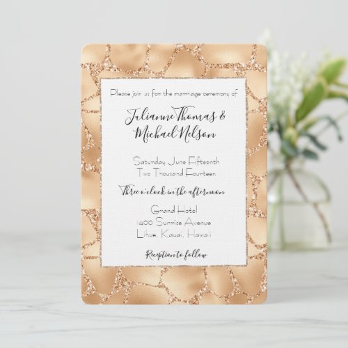 Gold Peach Glitzy Giraffe Print Wedding   Invitation