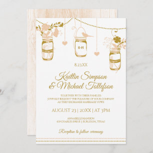Gold & Peach Mason Jar Wedding Invitations   Wood