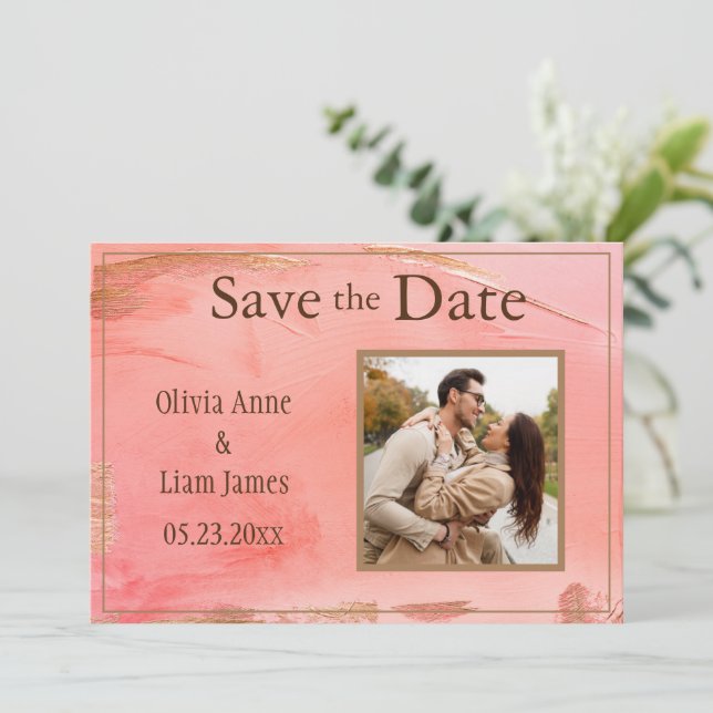 Gold Peach Melon Abstract Photo Brown Modern Save The Date (Standing Front)