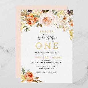 Gold Peach Orange Floral Girl 1st Birthday Foil Invitation
