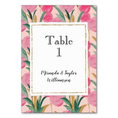 Gold Peach Pink Flowers Table Number