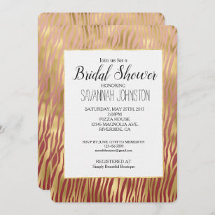 Gold Peach Red Chevron Zebra Stripes Bridal Shower Invitation