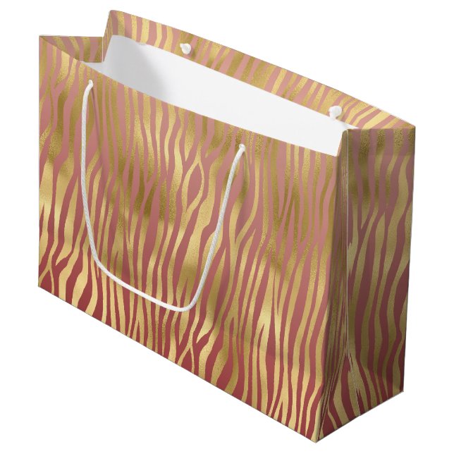 Gold Peach Red Zebra Stripes Large Gift Bag (Front Angled)