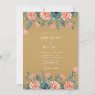 Gold Peach Romantic Floral Wedding Invitation