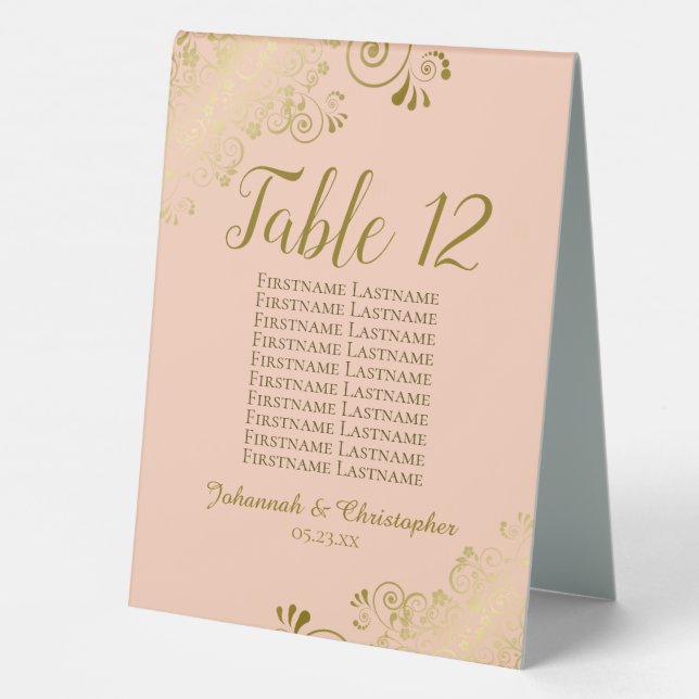 Gold & Peach Wedding Table Number Seating Chart Table Tent (Back)