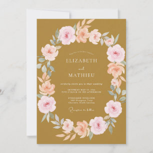 Gold Peach Wreath Wedding Invitation