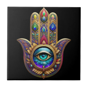 Gold Peacock Colors Hamsa Green Sapphire Third Eye Ceramic Tile