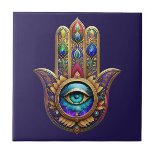 Gold Peacock Colors Hamsa Green Sapphire Third Eye Ceramic Tile