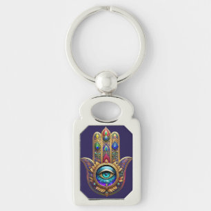 Gold Peacock Colors Hamsa Green Sapphire Third Eye Keychain