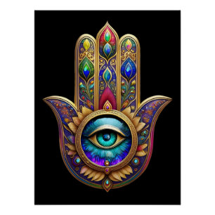 Gold Peacock Colors Hamsa Green Sapphire Third Eye Poster
