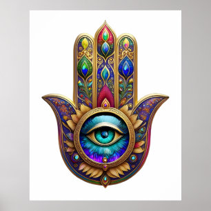 Gold Peacock Colors Hamsa Green Sapphire Third Eye Poster