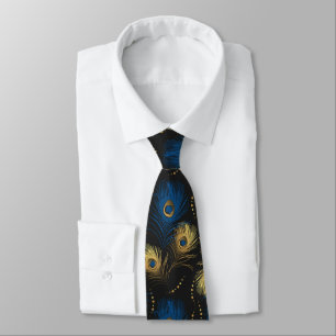 Gold Peacock Feather Black Blue Mens Necktie