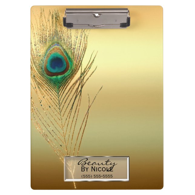 Gold Peacock Feather Elegant Glam Personalized Clipboard (Front)