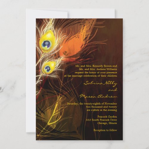 Gold Peacock Feather Flames Fall Wedding Invites