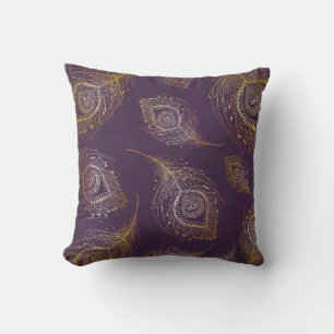 Gold peacock feather in violet background throw pillow