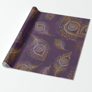 Gold peacock feather in violet background wrapping paper