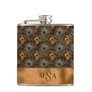 Gold Peacock Feather Monogram Elegant Personalized Flask