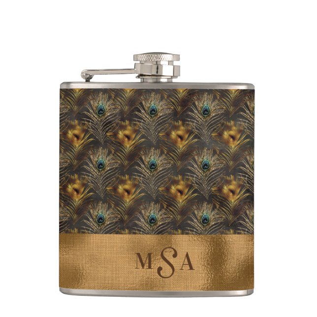 Gold Peacock Feather Monogram Elegant Personalized Flask (Front)