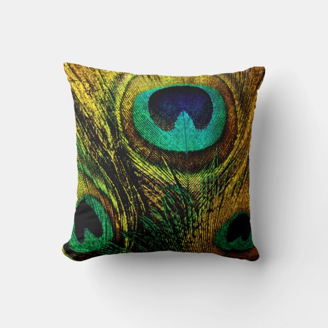 Gold Peacock Feather Pattern Pillow (Front)