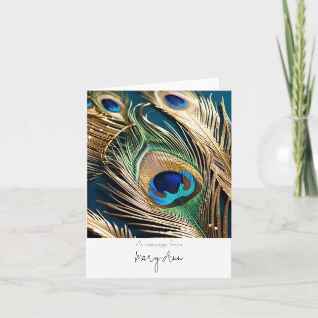 Gold Peacock Feather Thank You Card Customizable (Front)