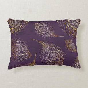 Gold peacock feather, violet background. accent pillow