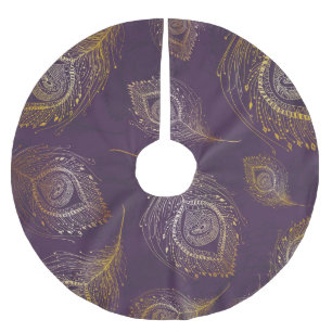 Gold peacock feather, violet background. brushed polyester tree skirt