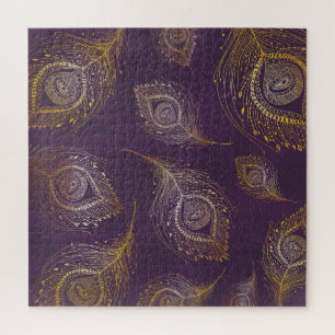 Gold peacock feather, violet background. jigsaw puzzle