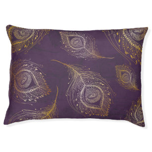 Gold peacock feather, violet background. pet bed