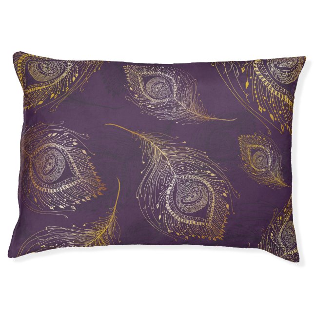 Gold peacock feather, violet background. pet bed (Front)