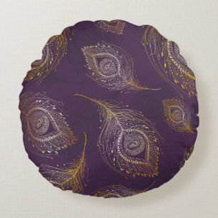 Gold peacock feather, violet background. round pillow