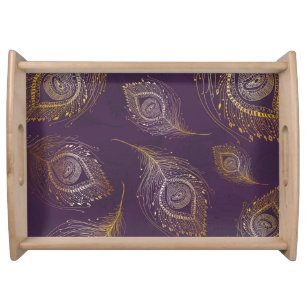 Gold peacock feather, violet background. serving tray