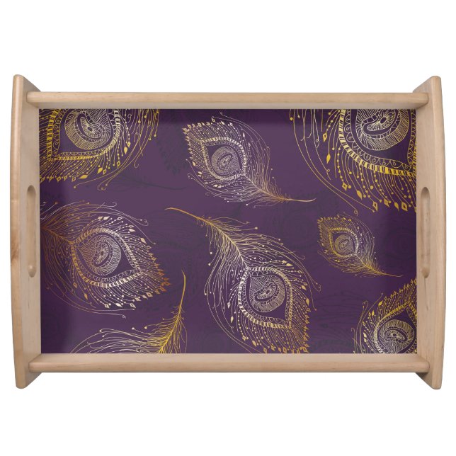 Gold peacock feather, violet background. serving tray (Front)