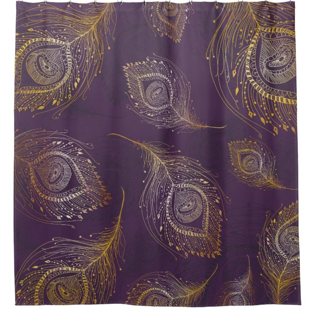 Gold peacock feather, violet background. shower curtain (Front)