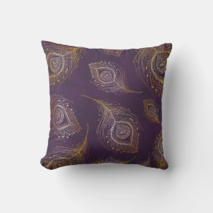 Gold peacock feather, violet background. throw pillow