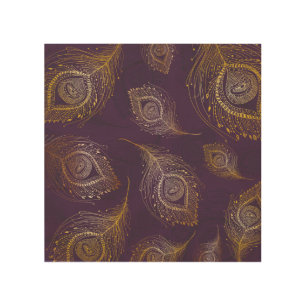 Gold peacock feather, violet background. wood wall art