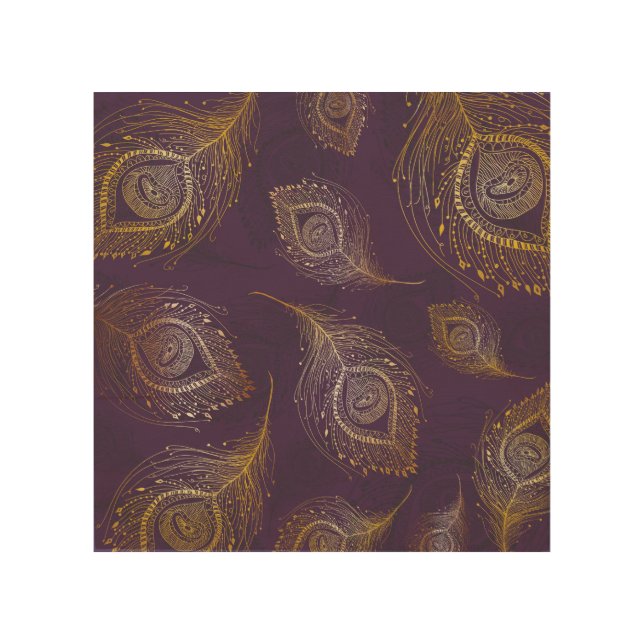 Gold peacock feather, violet background. wood wall art (Front)