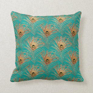 Gold Peacock Feathers on Aqua Throw Pillow