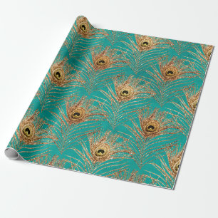 Gold Peacock Feathers on Aqua Wrapping Paper