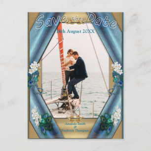 Gold, Peacock Feathers on Emerald Green Silk Announcement Postcard