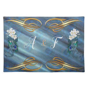 Gold, Peacock Feathers on Emerald Green Silk Cloth Placemat