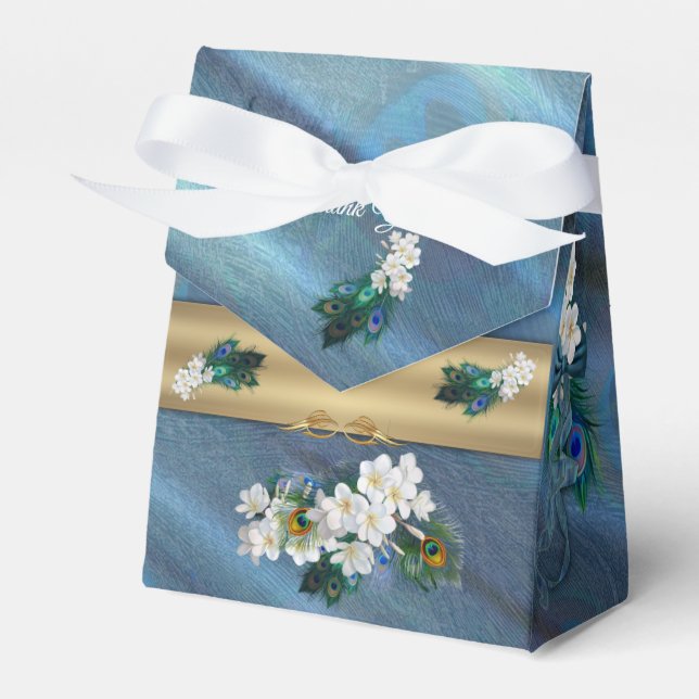 Gold, Peacock Feathers on Emerald Green Silk Favor Boxes (Front Side)