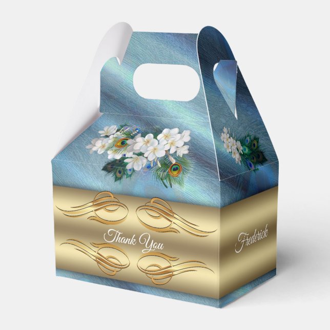 Gold, Peacock Feathers on Emerald Green Silk Favor Boxes (Front Side)