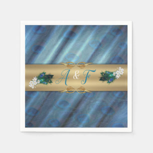 Gold, Peacock Feathers on Emerald Green Silk Napkins